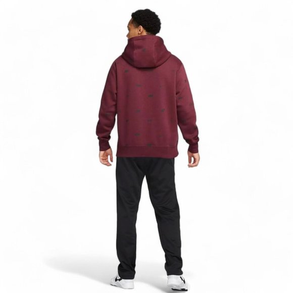 Nike Air Men's 2 PC AOP Sweatsuit Maroon Red Swoosh Logos Fleece Tracksuit Set - Picture 4 of 13